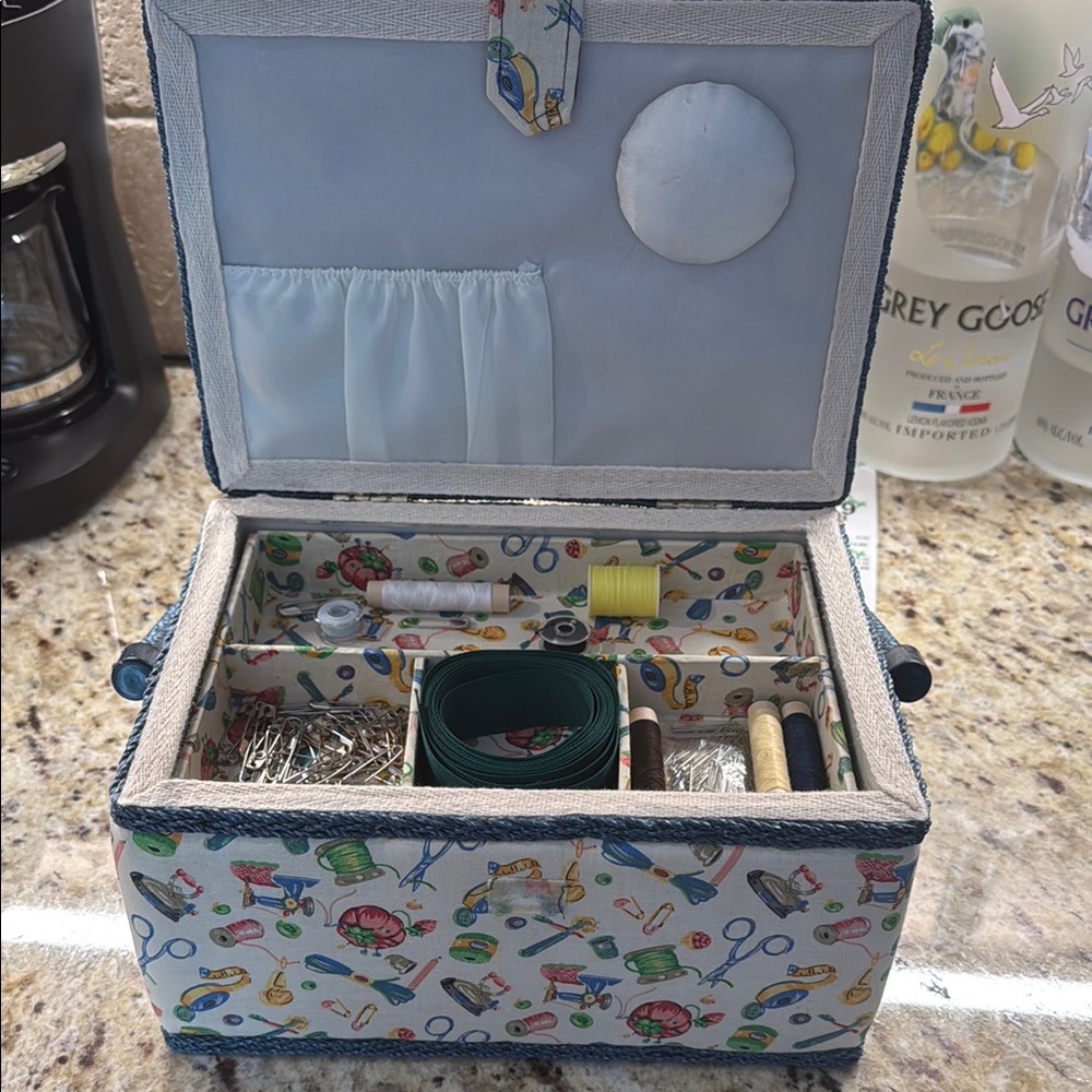 Blue and White Floral Storage Box with Multiple Compartments all accessories